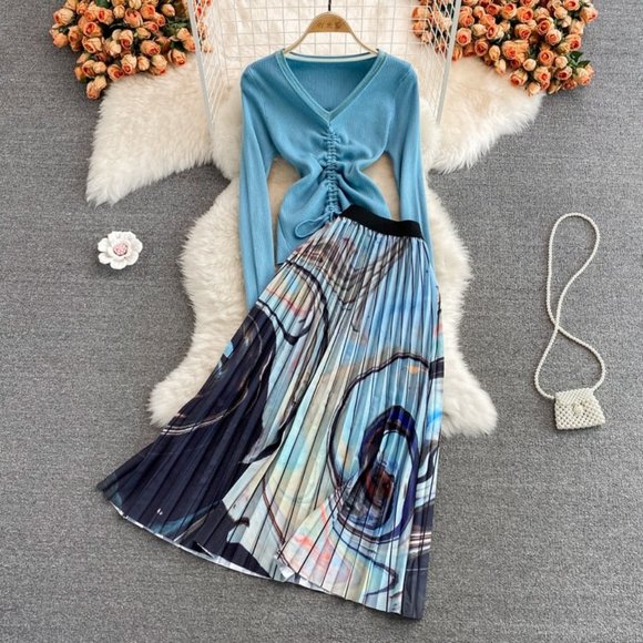 Women V-Neck Drawstring Top And Long Skirt - Picture 1 of 12